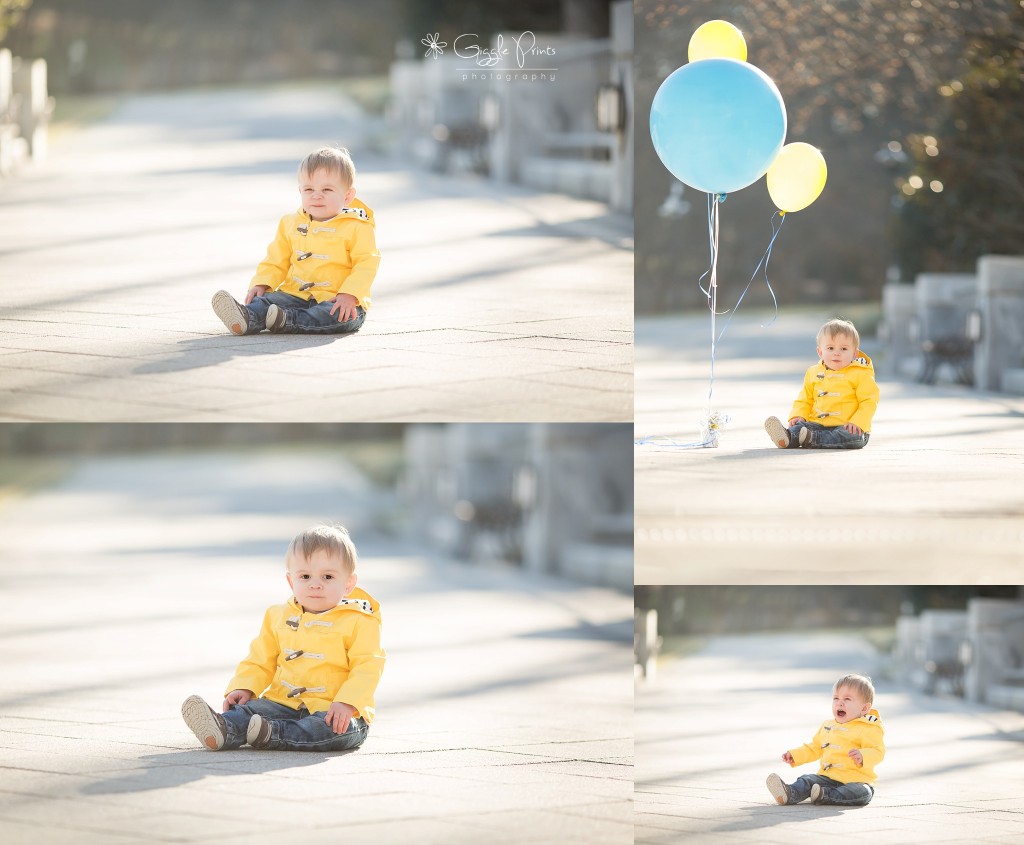 1 year photo session - Giggleprints - Balloons - baby boy yellow coat