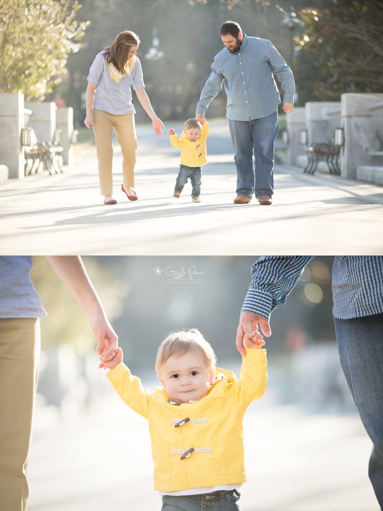 1 year photo session - Giggleprints - Balloons - baby boy yellow coat walking together
