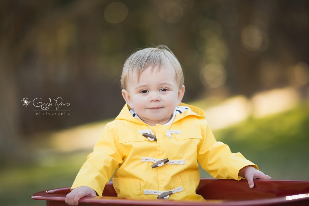 1 year photo session - Giggleprints - baby boy yellow coat